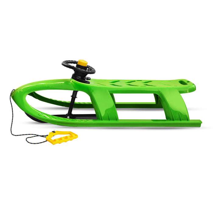 Children's sledge, plastic sledge with steering wheel, green