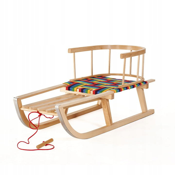 Wood slide with backrest, children's sled with fabric covering